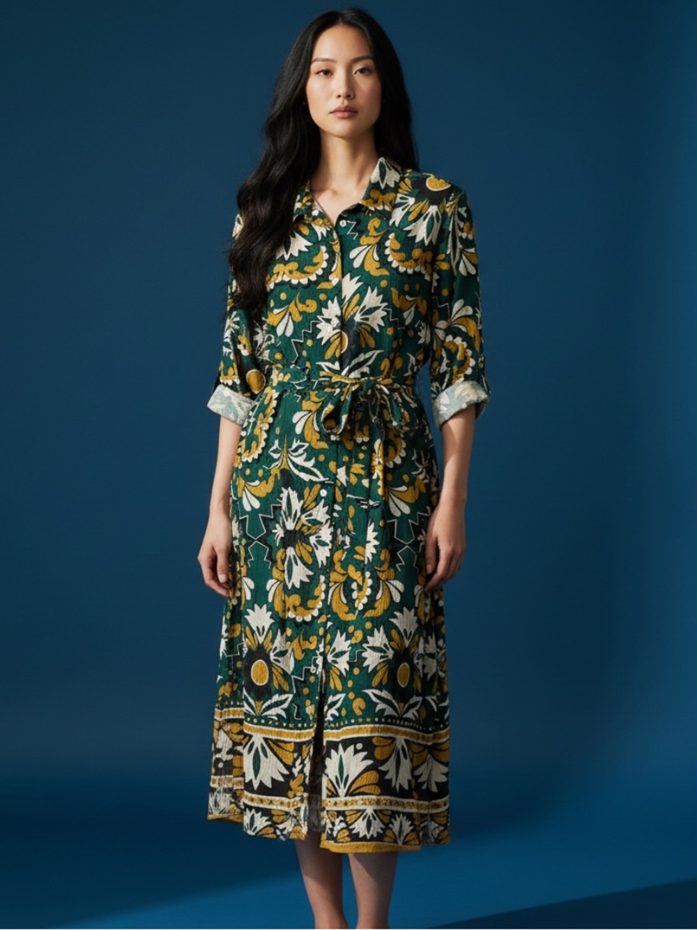 Floral Button-Front Long Sleeve Dress in Green & Mustard